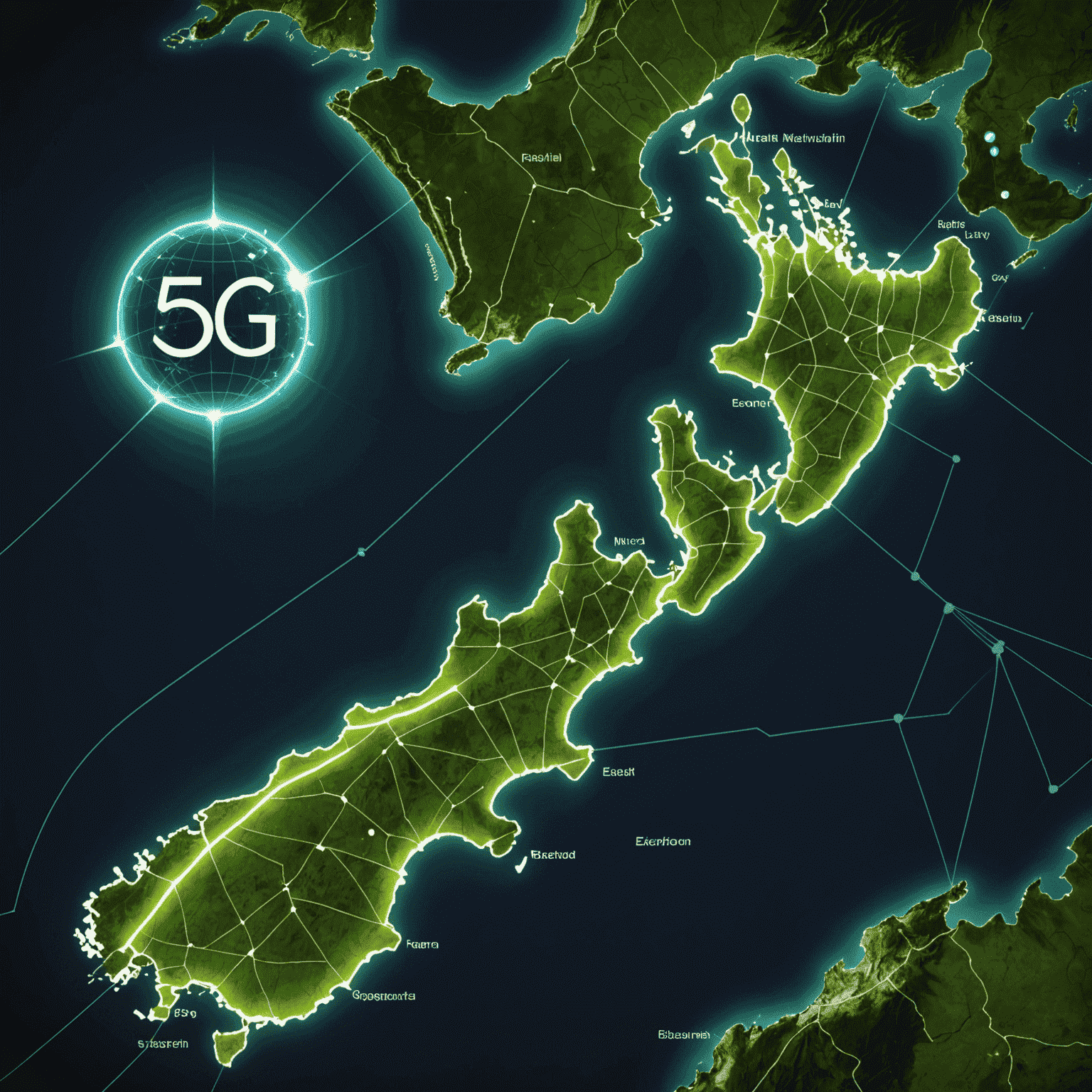 Map of New Zealand highlighting areas of recent 5G network expansion, with glowing green network towers