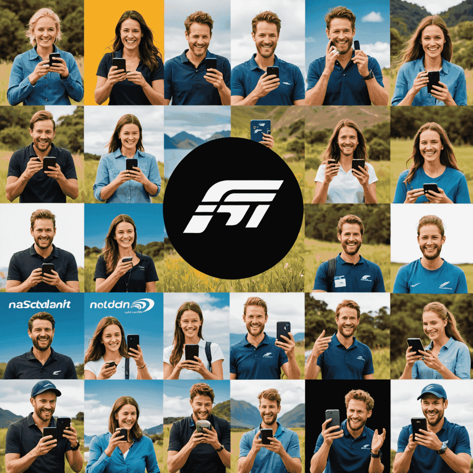 Collage of New Zealand mobile carriers logos and happy smartphone users