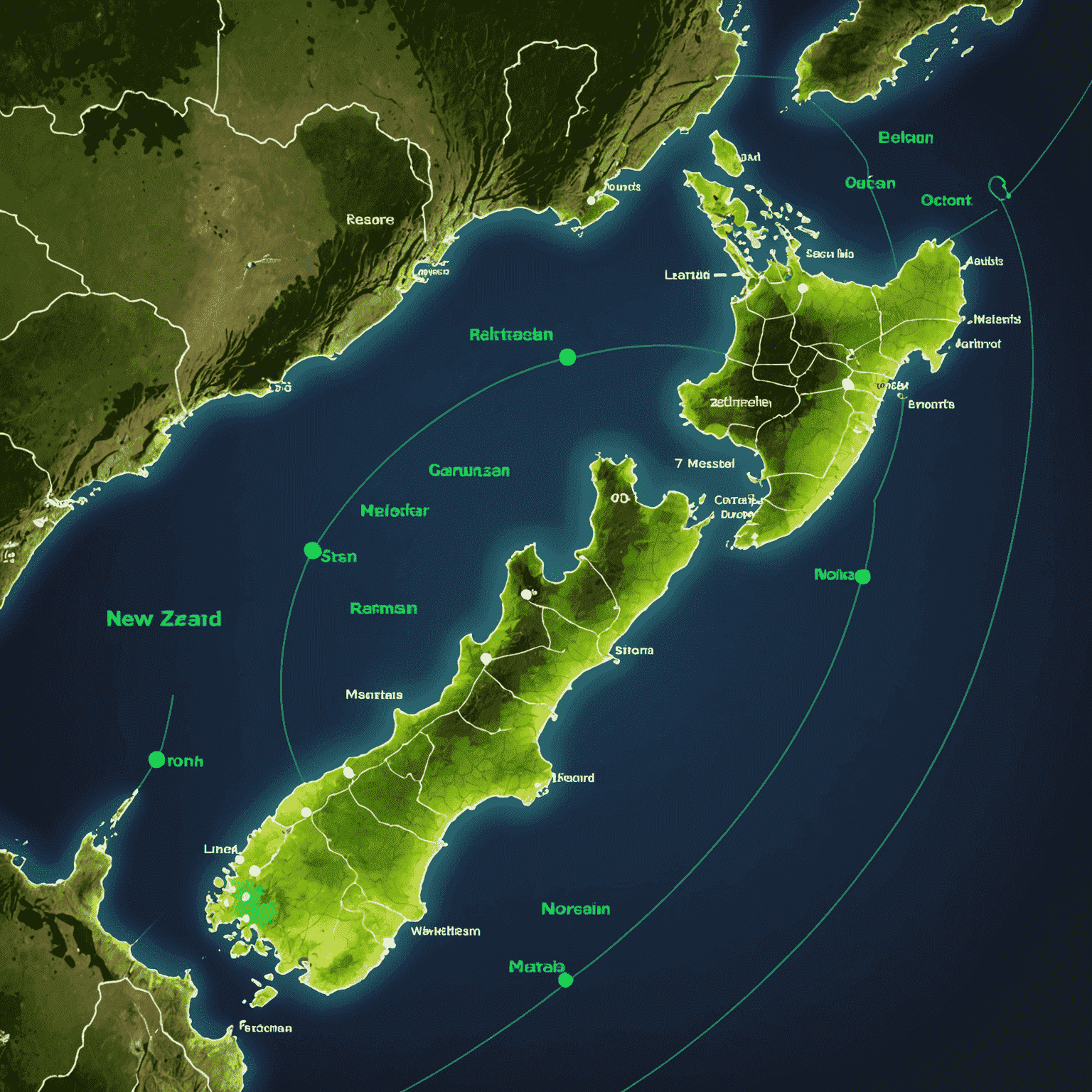 A detailed map of New Zealand showing extensive mobile network coverage across the country, with major cities highlighted by glowing green dots and signal strength indicated by varying shades of green
