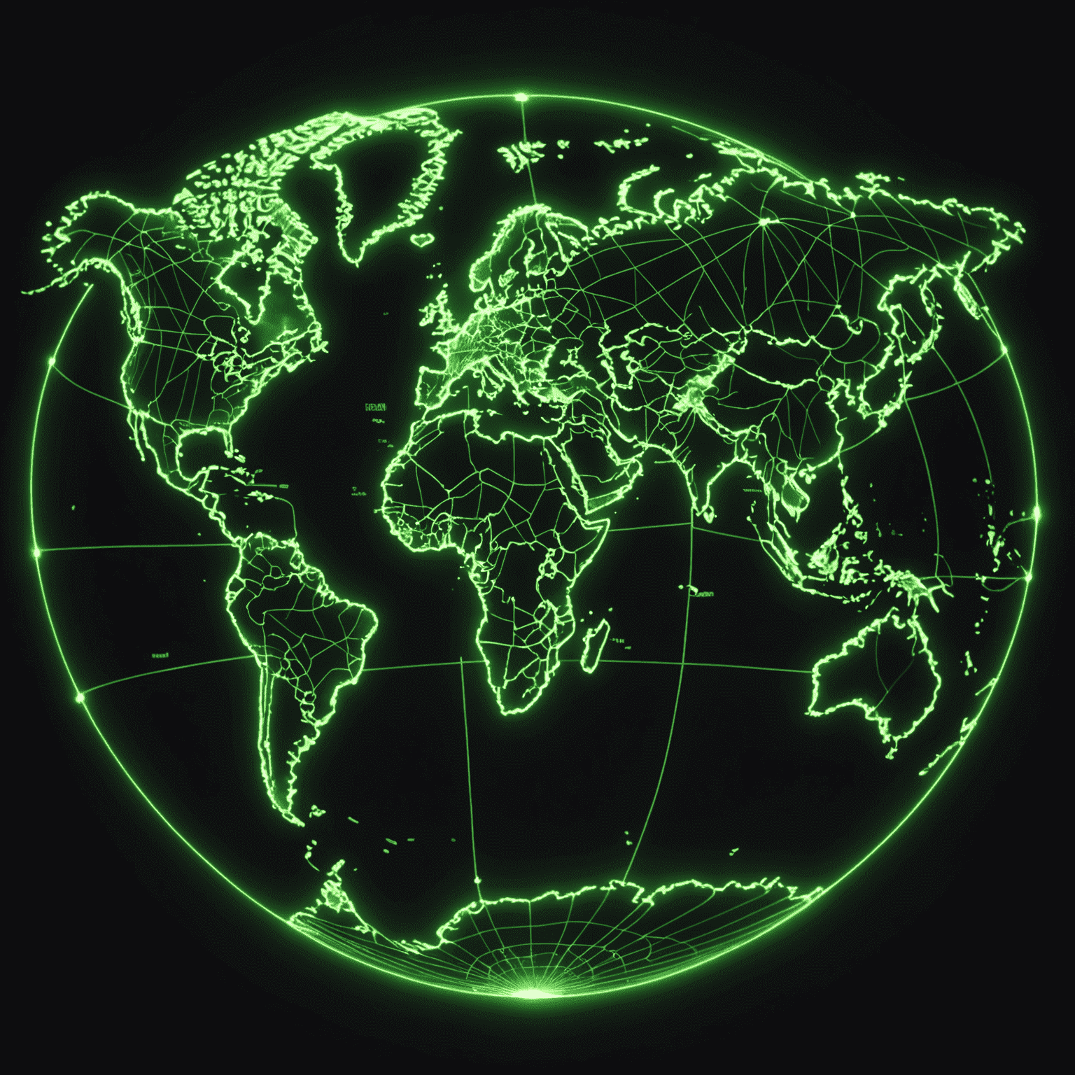 A world map with glowing lines connecting different countries, representing international roaming connections. The map has a dark background with neon green highlights for countries and connection lines.