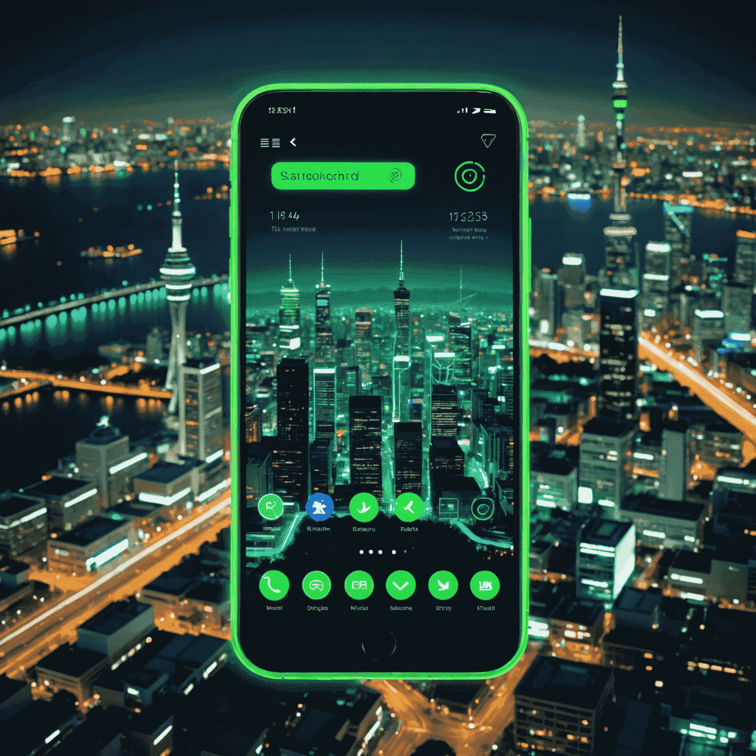 A futuristic smartphone displaying various business apps and communication tools, with a neon green glow around its edges. The background shows a cityscape of Auckland, New Zealand at night.