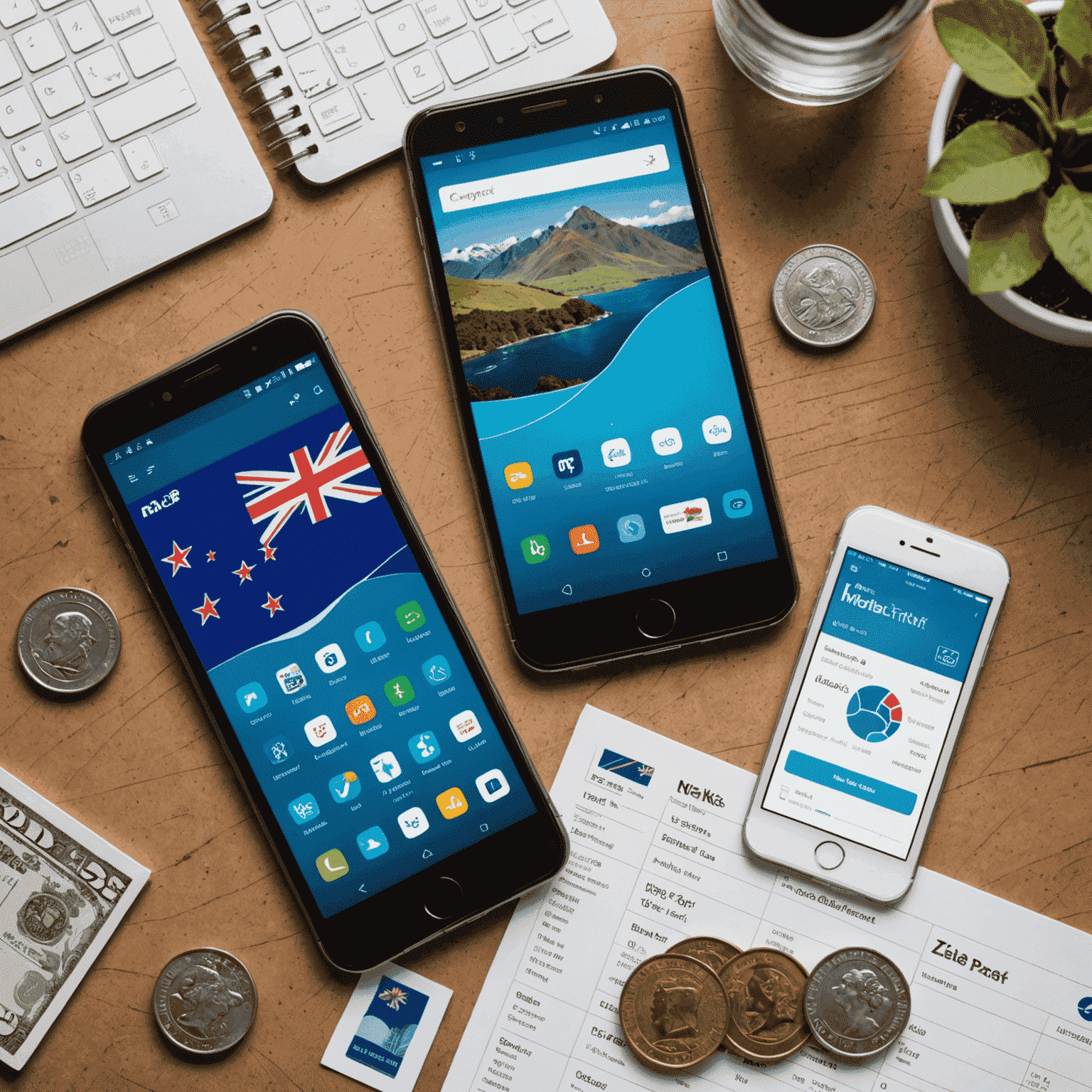 Collage of various mobile devices with New Zealand currency and plan comparison charts, representing the best mobile plans for Kiwis