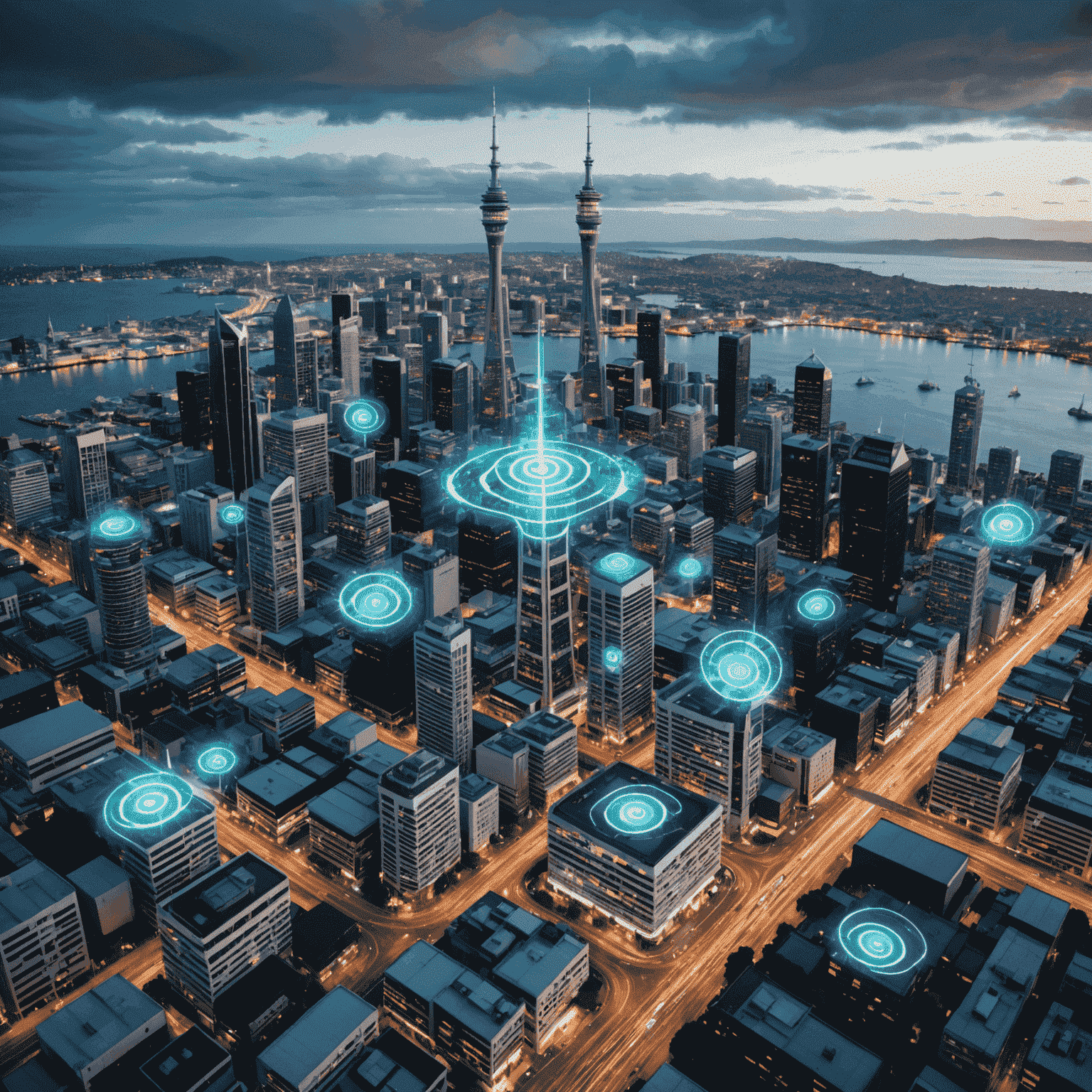 Futuristic cityscape of Auckland with visible 5G network waves connecting various smart devices and infrastructure
