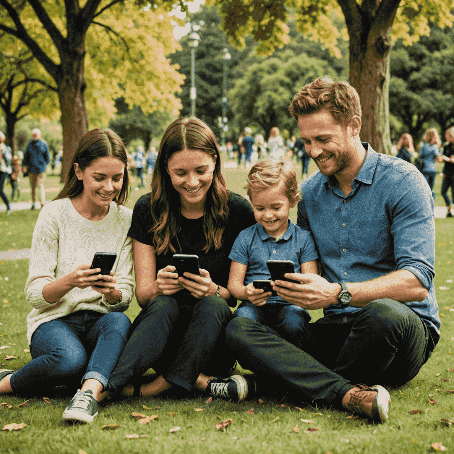 Happy New Zealand family using smartphones together in a park