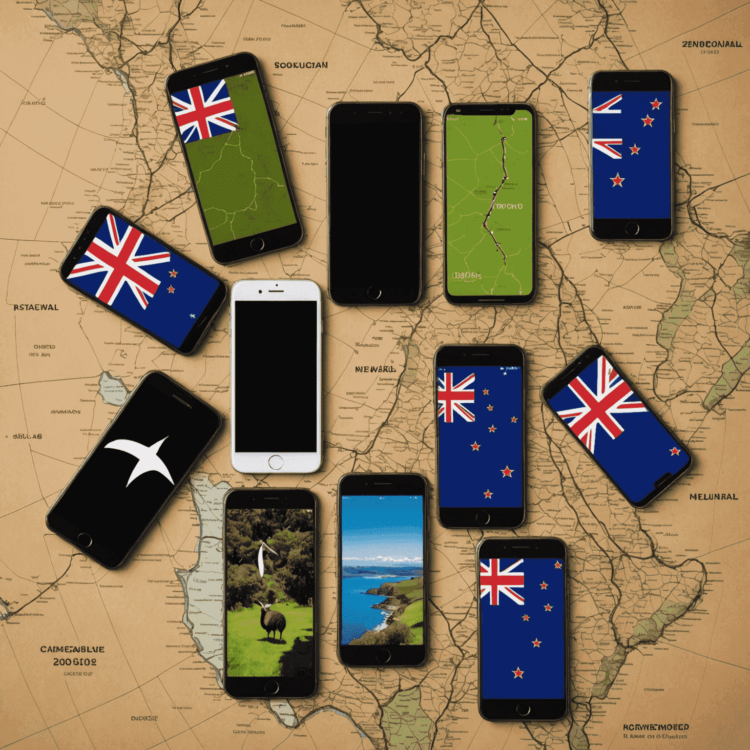 A collection of mid-range smartphones arranged on a map of New Zealand, highlighting their value proposition for Kiwi consumers