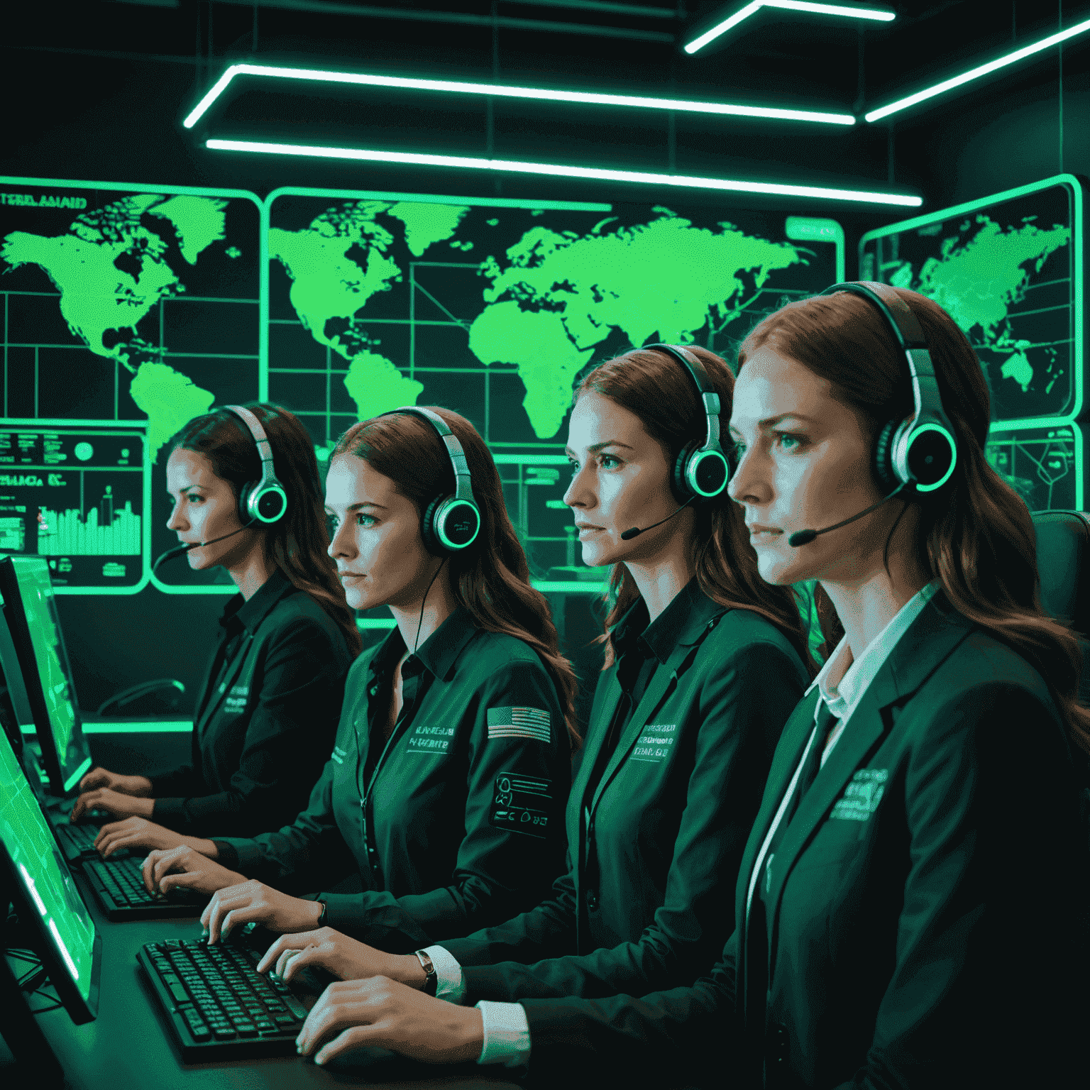 A neon-lit customer support center with agents wearing headsets, surrounded by holographic displays showing various communication metrics and New Zealand map. The entire scene is bathed in a green glow.