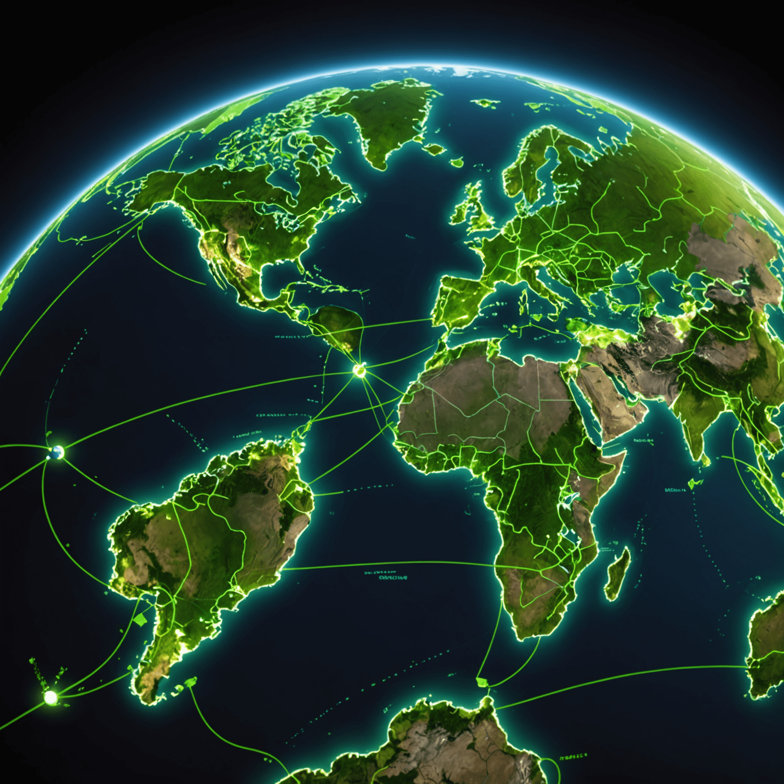 A world map highlighted with neon green lines connecting New Zealand to various countries, representing international calling routes