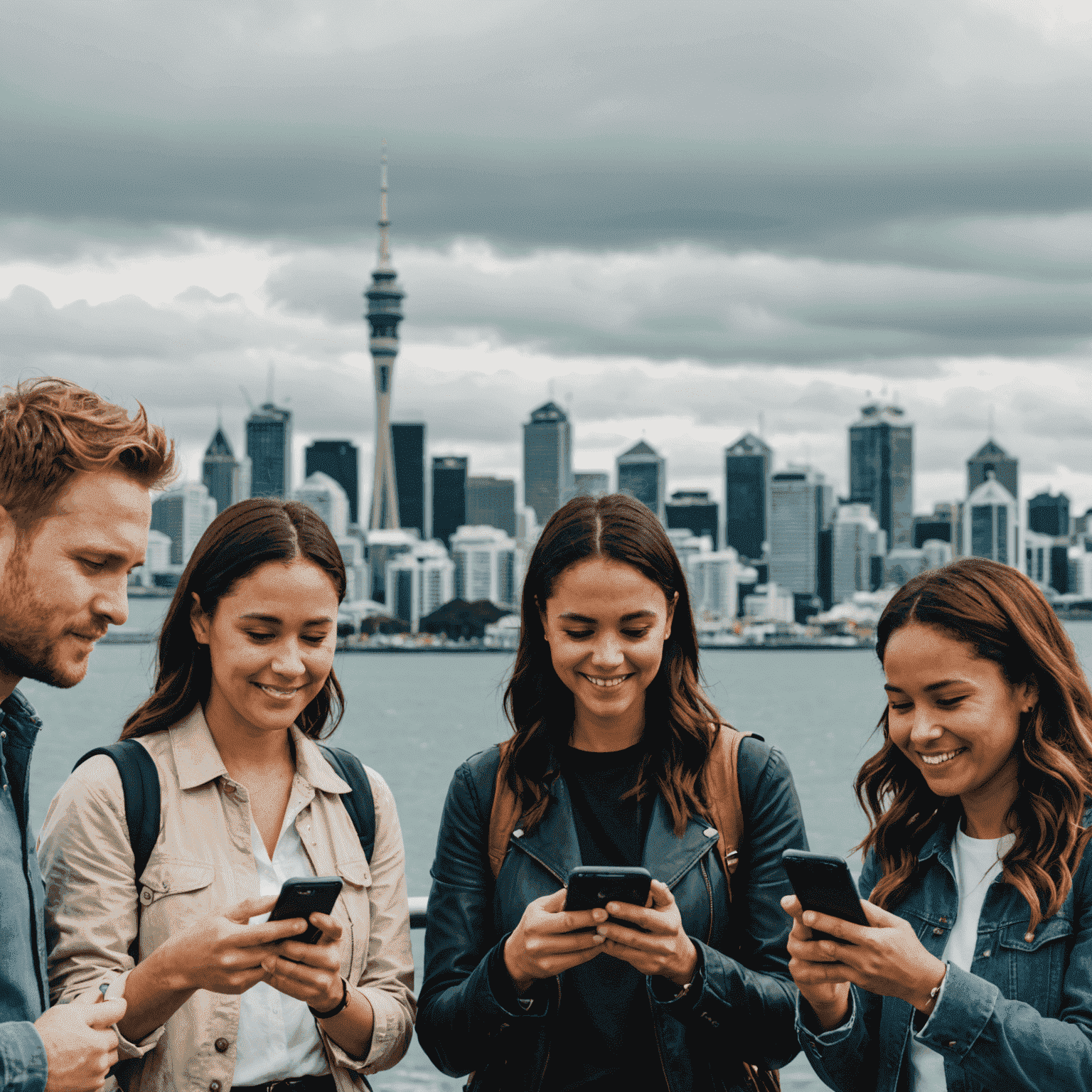 Diverse group of New Zealanders using smartphones with Auckland skyline in background