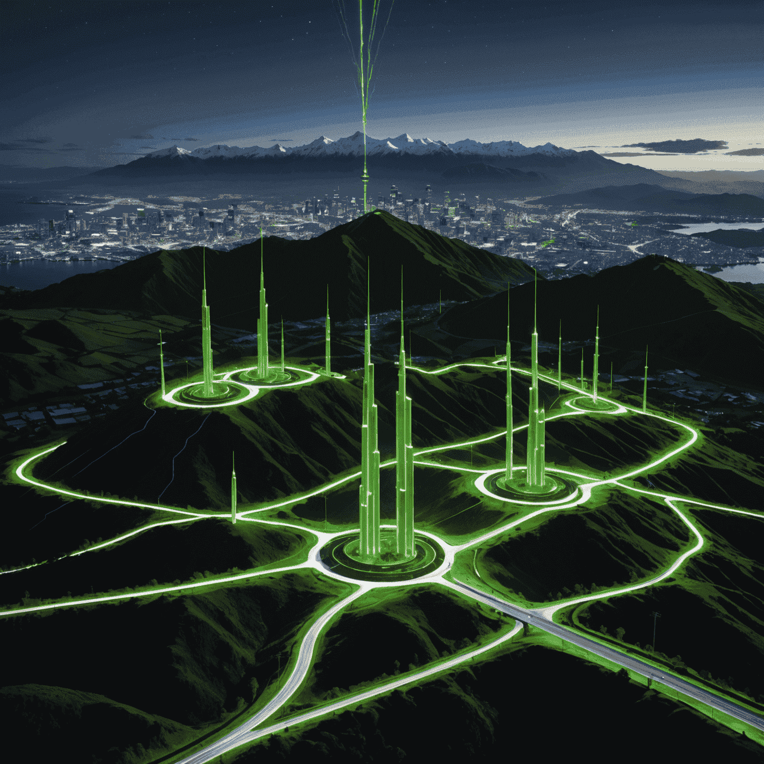 Futuristic visualization of 5G towers across New Zealand's landscape, connecting smartphones with neon green data streams