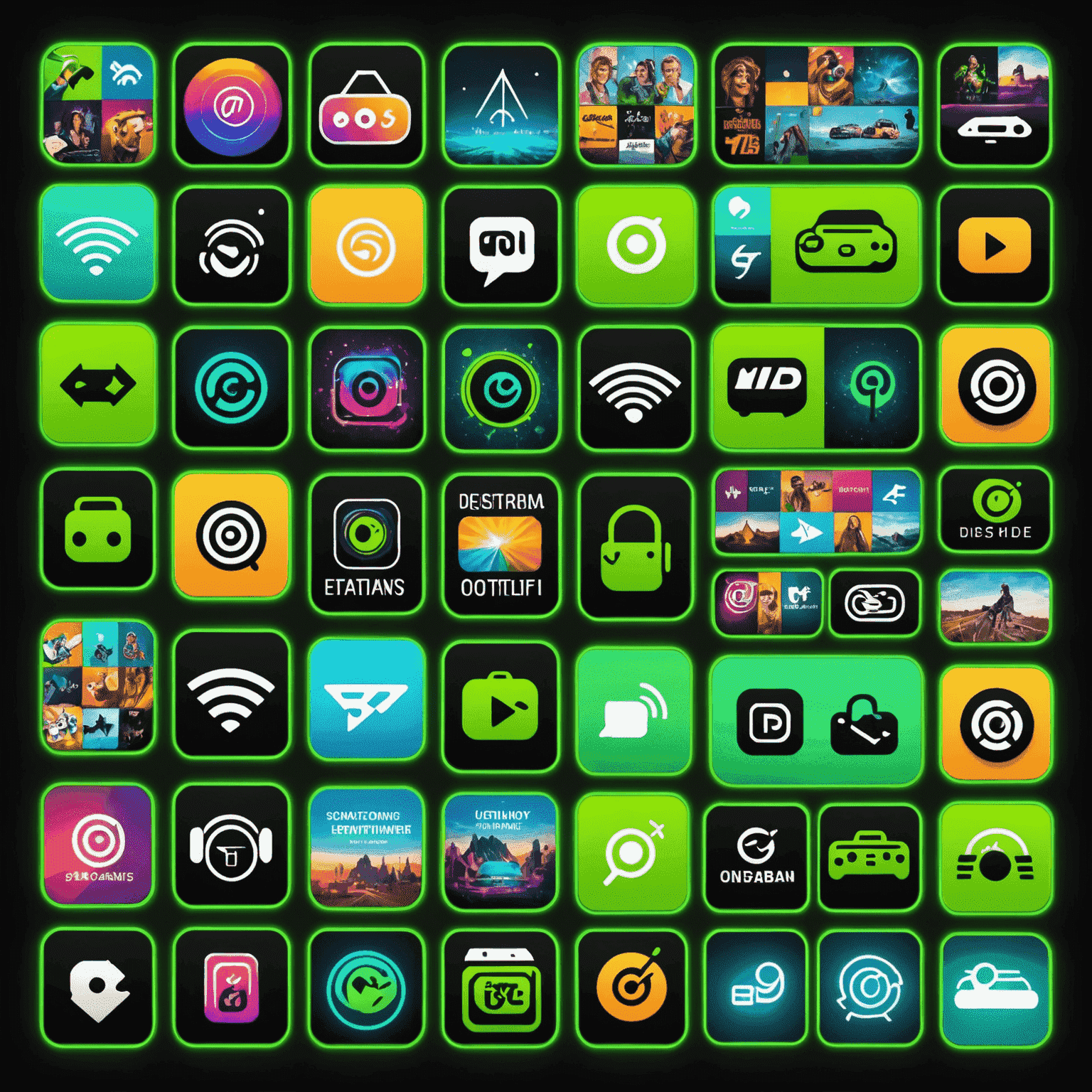 Collage of entertainment app icons and streaming content in neon green, showcasing various entertainment options