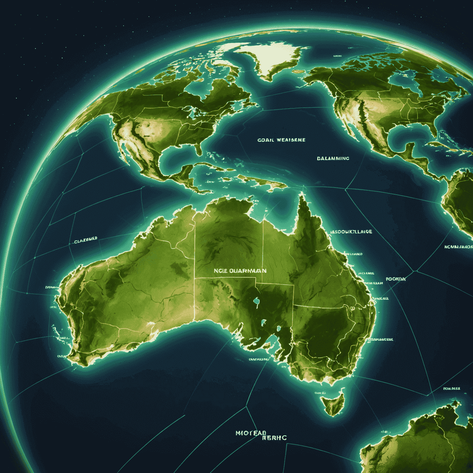 A glowing green map showing global coverage areas for roaming services, with New Zealand highlighted as the home country