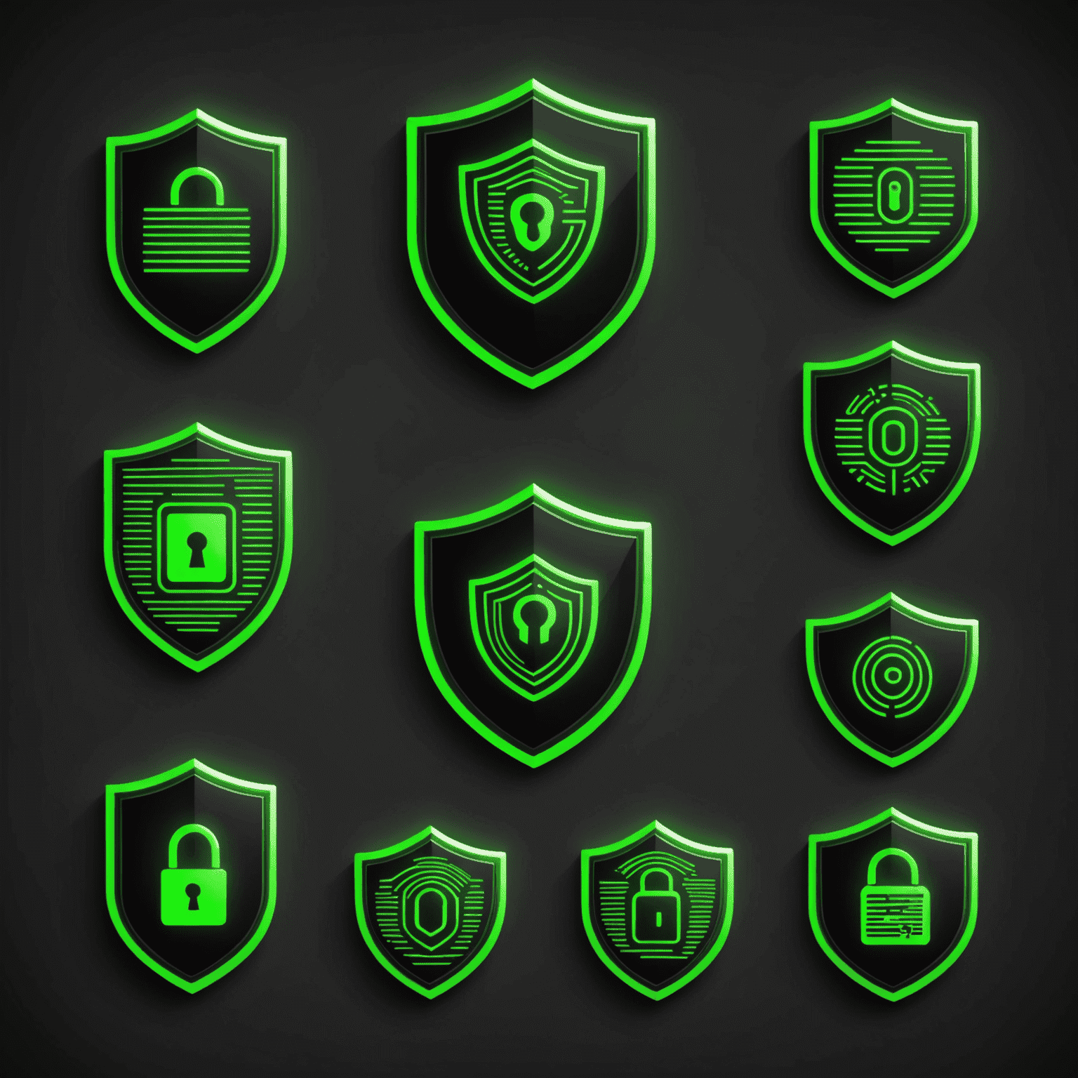 Neon green icons representing various security features like a shield, lock, and fingerprint scanner, symbolizing mobile security